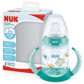 NUK First Choice+ Trinklernflasche | 6–18 Monate | 150 ml | Temperature Control Anzeige | auslaufsichere Trinkschnabel | Ergonomische Griffe | BPA-frei | Fische, grün