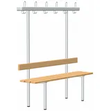 rontec® Umkleidebank mit Garderobe, einseitig, Buche (keilgezinkt), Ovalprofil 60 mm, dreifach (Aluminium), Aluminium (eloxiert) - Natur
