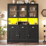 QQJIN Küchenschrank 140×40×175cm, Hochschrank Küchenbuffet, Moderne Wohnungen Buffetschrank mit Verstellbaren Ablagen, LED-Beleuchtung,Variable Lichtfarben,Schwarz,G