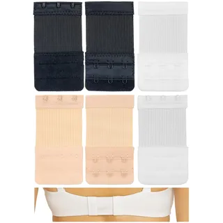 Bequeme BH Erweiterung, 6 Stück, Größe L mit Farbe Schwarz, Weiss und Beige, 3er Haken Reihe, BH Verlängerer, Büsten Verschluss Verlängerung, Bra Extender, Hakenverlängerer Schwangerschaft - L, 3 Farben, 6 Stück