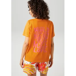 Aniston CASUAL T-Shirt ANISTON CASUAL, Damen, Gr. 40/42, orange (orange, pink), Single Jersey, Obermaterial: 100% Baumwolle, bedruckt, figurumspielend hüftbedeckend, Rundhals, Shirts T-Shirt, mit großem Statement-Schriftzug im Rücken