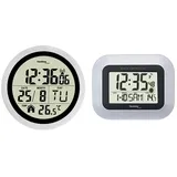 Technoline WT3005 Digitale Badezimmer-Funkwanduhr, Kuststoff, Silber, Ø 147 x 79 mm & WS 8005 Funk-Wanduhr, Silber-schwarz, 22,6 x 3 x 18 cm