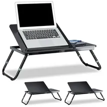 Relaxdays 3 x Laptoptisch fürs Bett, verstellbar, Betttablett klappbar, Leseklappe und Ablage, HxBxT: 40 x 75 x 35 cm, schwarz