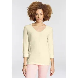 3/4 Arm-Pullover BOYSEN'S, Damen, Gr. 40/42 (M), gelb (vanille), Feinstrick, Obermaterial: 50% Baumwolle, 50% Polyacryl, unifarben, feminin, bequem hüftbedeckend, V-Ausschnitt, 3/4-Ärmel, Pullover, aus sommerlich leichtem "Perlen-"Strick - NEUE KOLLEKTION