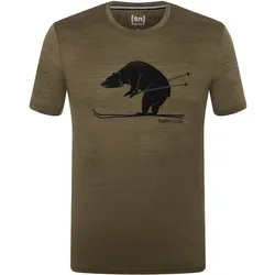 super natural Wander-/Freizeit Tshirt Graphic Skiing Bear (Bär) - Merinowollmix - olivegrün meliert Herren