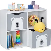 Relaxdays Kinderregal Bär, 2 Schubladen, 2 offene Fächer, H x B x T: 48 x 60 x 24,5 cm, Kinder, weiß/grau