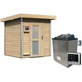 Karibu Gartensauna Pultdach Saunahaus Torge-9 kW Ofen inkl. Steuergerät-Milchglas-Saunatür (blickdicht)