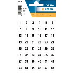 HERMA Zahlen Ø 12 mm, 240 Etiketten, Aufdruck: 1-240, Papier, schwarz