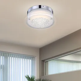 GLOBO Deckenleuchte LED Deckenlampe Kristalle Wohnzimmer Deckenlampen mit satiniertem Glasschirm, Metall Chrom, 1x LED 12w 1320 lm warmweiß, Dxh 28x10,3 cm