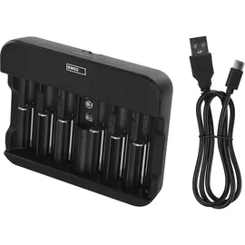 EMOS Akku-Ladegerät NiMH, NiCd für 6 Akkus, Schnell-Ladegerät 500 mA, für 1-6x AAA, AA, C, D, 9 V aufladbare Batterien, inkl. USB-C Kabel, Akkuschutz, Sicherheitsfunktionen