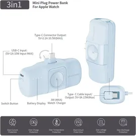 wozinsky Mini-Powerbank mit integriertem USB-C-Kabel und Apple Watch Ladegerät 5000 mAh 15 W Blau