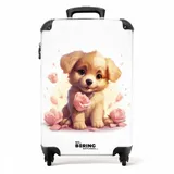 NoBoringSuitcases.com© Kinderkoffer Hund - Blumen - Rosa - Mädchen - Kind 55x35x20cm, 4 Rollen, Kinder Koffer Klein, Trolley Handgepäck bunt 35 cm x 55 cm x 20 cm