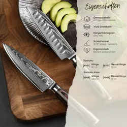 Wakoli EDIB Essentials 2er Damastmesser-Set - Küchenmesser Set aus 67 Lagen Damaststahl, Kochmesser-Set mit kleinem Chefmesser, Santokumesser, Pakkaho