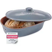 Römertopf Brottopf aus natürlicher Keramik, ideal für die Aufbewahrung von Brot und Gebäck 30x21cm blau-grau