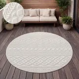 Paco Home Teppich Outdoor Wetterfest, Moderne abstrakte Boho Designs mit 3D Struktur, Pflegeleicht, ideal für Terrasse Wohnzimmer & Küche, Grösse:120 cm Rund, Farbe:Creme 4