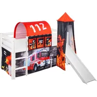 Spielbett JELLE 90 x 190 cm Feuerwehr - Hochbett LILOKIDS - Weiß - mit Turm, Rutsche und Vorhang - Weiß/Rot/Blau/Schwarz