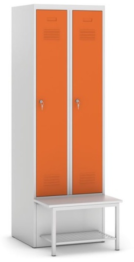 Metallkleiderschrank mit Sitzbank und Regal, orangefarbene Tür, Drehriegelschloss