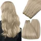 YoungSee Echthaar Tressen Aschblond Tressen Echthaar zum Einnahen 35cm Haartressen Echthaar Aschblond Strahnchen Weave Extensions Echthaar Remy Haare Echthaar Tressen Weft Echthaar 100g #18/613