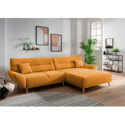Ecksofa INOSIGN "Drago, elegant und zeitlos, komfortabel, Holzfuß, L-Form", gold, B:290cm H:81cm T:166cm, 100% Polyester, Sofas, frei im Raum stellbar, inkl. 2 Zierkissen