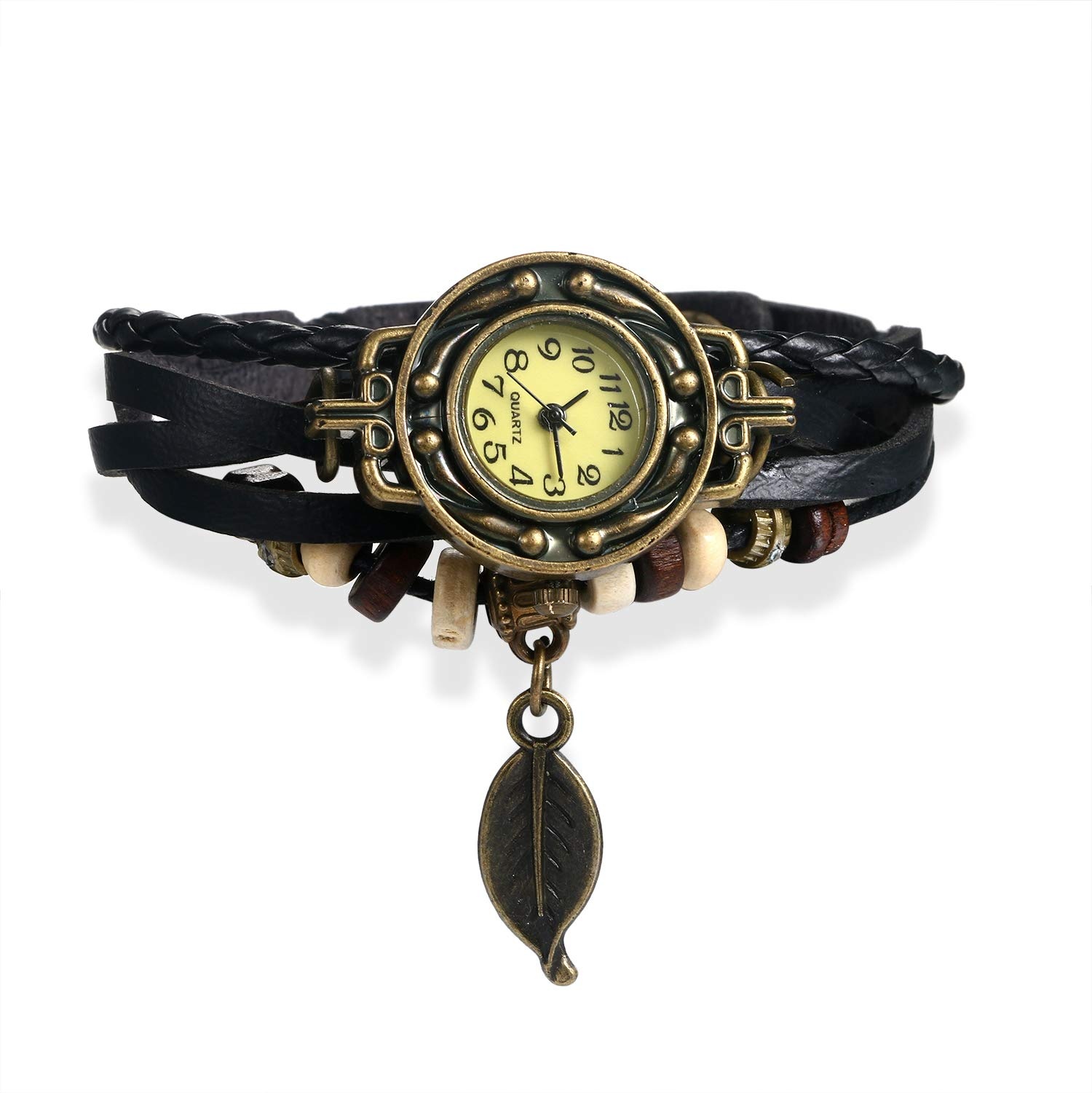 JewelryWe Damen Armbanduhr, Retro geflochten Leder Armband Armreif Armkette Uhr mit Baum Blatt Anhänger, Schwarz