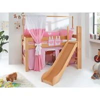 Hochbett LEO Kinderbett mit Rutsche Spielbett Bett Natur geölt Rosa/Weiß/Herz