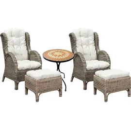 Mojawo Luxus Rattan Set 2 x Relaxsessel mit Fußhocker + Mosaiktisch