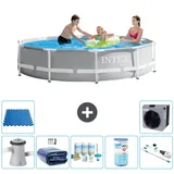 Intex Round Prism Frame Swimming Pool – 305 x 76 cm – Grau – inklusive Pumpe Sonnensegel - Wartungspaket - Filter - Staubsauger - Bodenfliese...