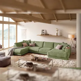 KAWOLA Wohnlandschaft U-Form Madeline Cord Longchair rechts olivgrün