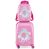 COSTWAY Kinderkoffer 12"+16" Kindertrolley mit Rucksack rosa