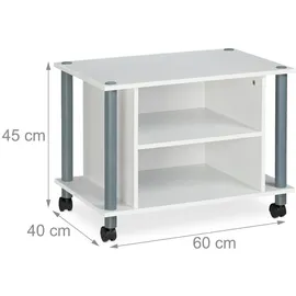 Relaxdays TV Tisch mit Rollen, 2 Fächer, Fernseher Ablage, Fahrbarer Fernsehtisch, HxBxT: 45 x 60 x 40 cm, weiß-Silber