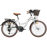 LUCHS 26" Zoll Feline Hollandrad MIT RATTANKORB – Hollandrad, Cityrad mit 21 Gängen & Rattankorb, Damenfahrrad/Cityrad/Holland 41cm Rahmenhöhe // EKRU (Weiß)