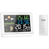 Miraval Funk-Wetterstation: Hygro- & Thermometer innen/außen, Farbdisplay, Uhrzeit- und Datumsanzeige, Wochentag, Mondphase, 2 Alarme, Außensensor, 8 Sprachen einstellbar