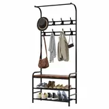 Hollyfield Platzsparender Garderobenständer 181 cm mit 3 Ebenen, Schuhablage, 8 Haken & Sitzbank – Metall Flurregal für Flur, Eingang, Schlafzimmer – Industrieller Stil, Rustikale Braun