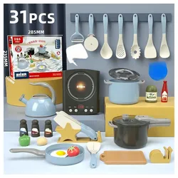 Fivejoy Lernspielzeug 31 Stücke Rosa Farbe Rollenspiel Küche Kochen Spielzeuge (Simulation Kochen Sets Einschließlich & Licht Effekt Haushaltsgeräte, Innen Eltern-Kind interaktiv Spielen) blau