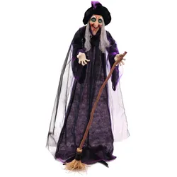 Animierte Hexe, 175cm Halloween-Figur - Kopf bewegt sich, Soundeffekt, Augen leu...