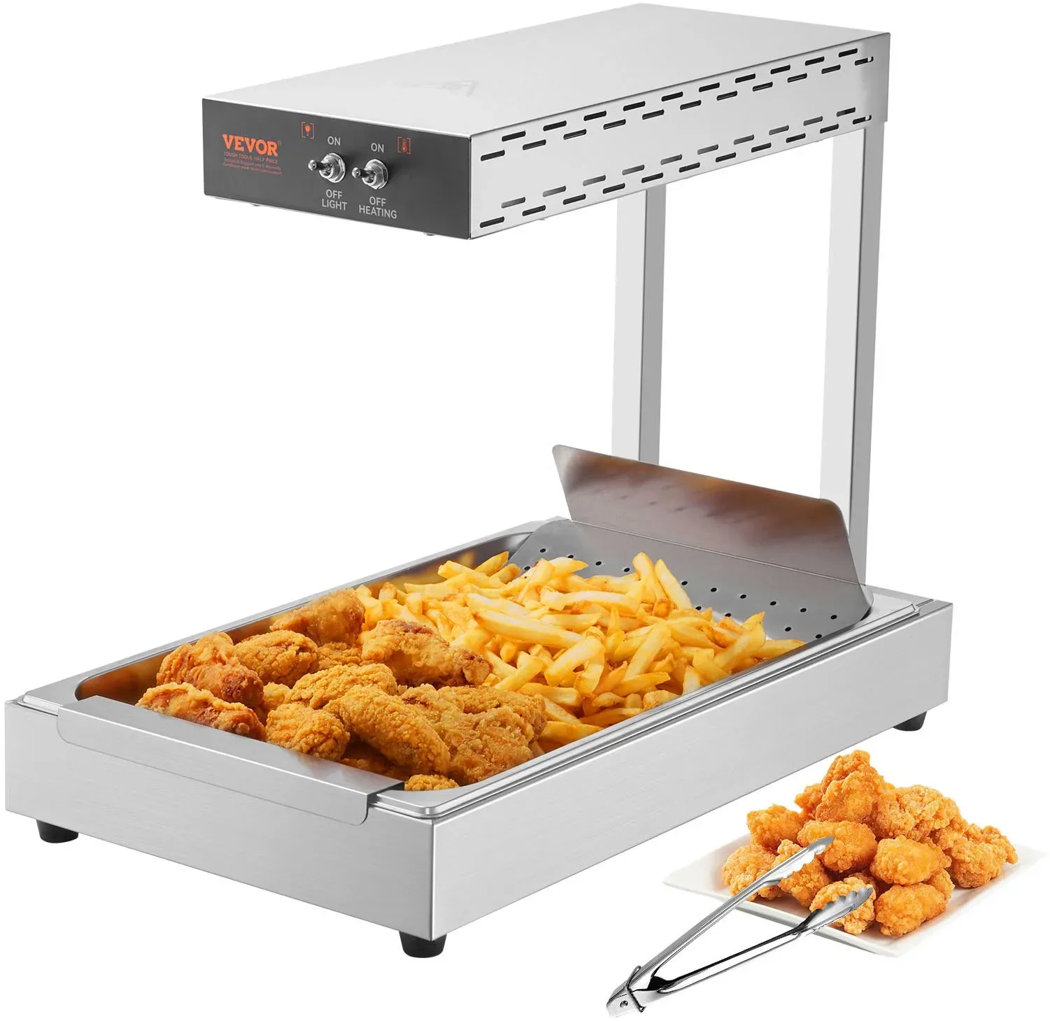 VEVOR Pommes-Frites-Speisewärmer, 750 W kommerzielle Lebensmittel-Heizlampe, elektrische Edelstahl-Wärmelicht-Abgabestation, Arbeitsplatte 104-122 °F Pommes-Speisewärmer für Pommes-Buffet-Küchenrestau