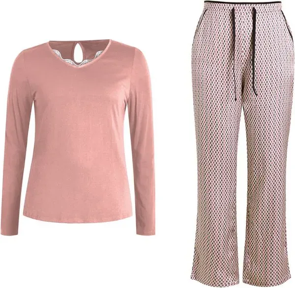 IZURIA Set aus Top mit V-Ausschnitt und langen Ärmeln, pink, sowie Druckhose, Größe M