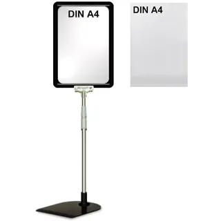 Plakatständer DIN A4 Rahmen schwarz mit U-Tasche, Teleskopständer mit schwarzem Kunststofffuß, höhenverstellbar bis 58 cm, Aufsteller, Kundenstopper