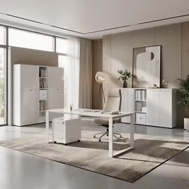 KADIMA DESIGN Büro-Set MUENCHEN 3-teilig weiß 240cm breit Glasfront 2 Schrank Abschließbar & Regal