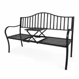 Lemodo Gartenbank mit Tisch, Metall-Gartenbank Schwarz, klappbarer Mitteltisch, Armlehnen, Rückenlehne, 2-Sitzer mit Ablage oder 3-Sitzer nutzbar, für Balkon, Terrasse & Garten, stabile Outdoor-Bank
