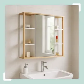 Relaxdays Spiegelschrank, 6 Ablagen, 2 Innenfächer, HxBxT: 64 x 62 x 21 cm, Wandmontage, Bad Hängeschrank, weiß/Natur