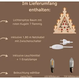 Weigla LED Lichterspitze/Schwibbogen"Weihnachtsbaum mit roten Kugeln" 7 flammig Erzgebirge garantiert