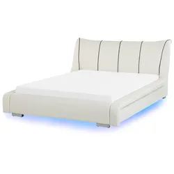 Bett mit LED Echtleder NANTES 140 x 200 cm LED Cremeweiß