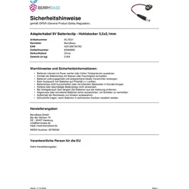 BerryBase Adapterkabel 9V Batterieclip - Hohlstecker 5,5x2,1mm