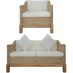 vidaXL 2-tlg. Sofagarnitur mit Auflagen Natur Rattan