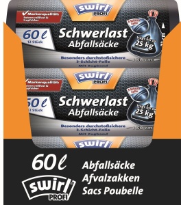 Swirl PROFI Schwerlast-Abfallsäcke, Extrem reißfest & tropfsicher durch stabile 3-Schicht-Folie, 1 Karton = 8 x 12 Stück = 96 Stück, Fassungsvermögen: 60 l