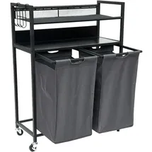 DanDiBo Ambiente Wäschekorb 2 Fächer mit Ablagen Schwarz Metall 96501 Wäschesammler Wäschewagen mit Rollen Wäschebox Wäschekorb Wäschesack Modern