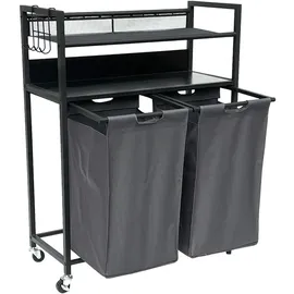 DanDiBo Ambiente Wäschekorb 2 Fächer mit Ablagen Schwarz Metall 96501 Wäschesammler Wäschewagen mit Rollen Wäschebox Wäschekorb Wäschesack Modern