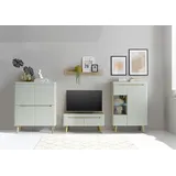 INOSIGN Wohnwand »Torge, Anbauwand, Schrankwand, Mediawand, Wohnzimmer-Set«, (Set, 4 St.), enthält 1 Vitrine, 1 Lowboard, 1 Highboard + 1 Wandboard, 344 cm breit, grün (pistazie, scandi oak)