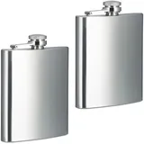 Relaxdays Flachmann 2er Set, 200 ml, Edelstahl Schnapsbehälter für unterwegs, Taschenflasche Schraubverschluss, Silber
